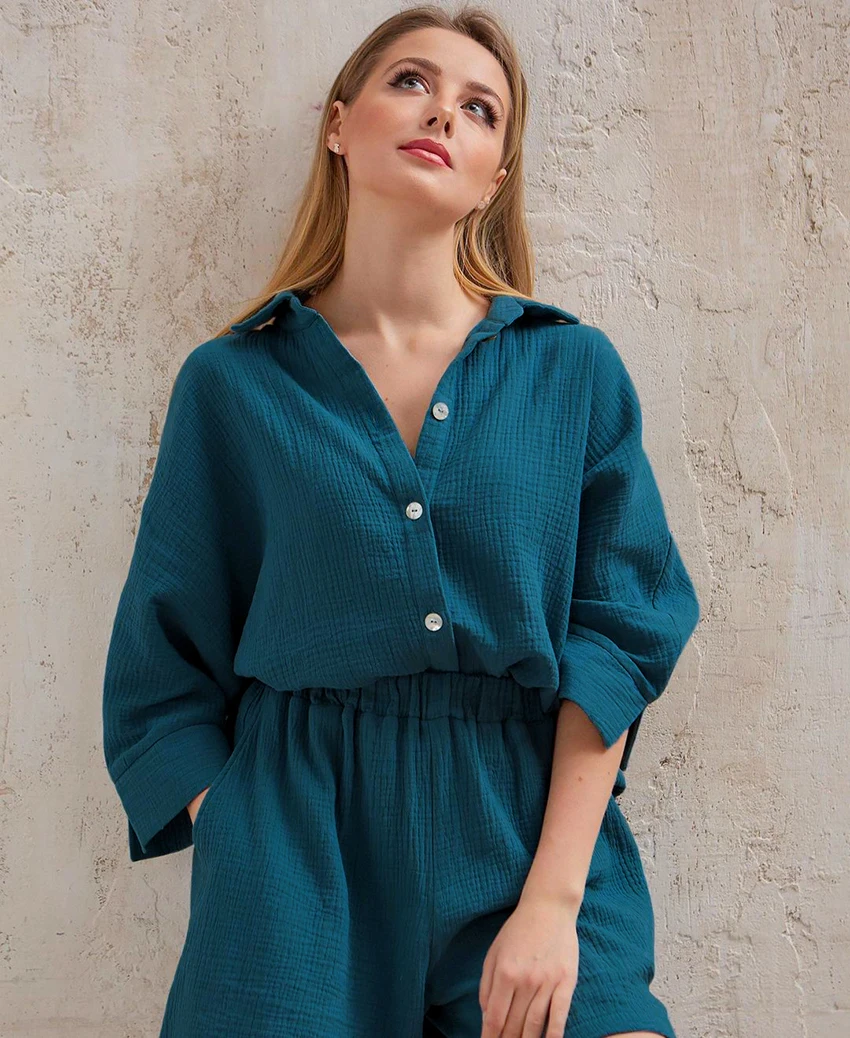 Women's Turn-Down Collar Nine Quarter Sleeve Sleepwear