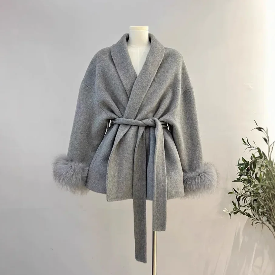 Tossy Fox Fur Wool Overcoat Women's Short Coat Office Lady Elegant Double-sided Woolen Coat 2025 New Cardigan Jackets Loose