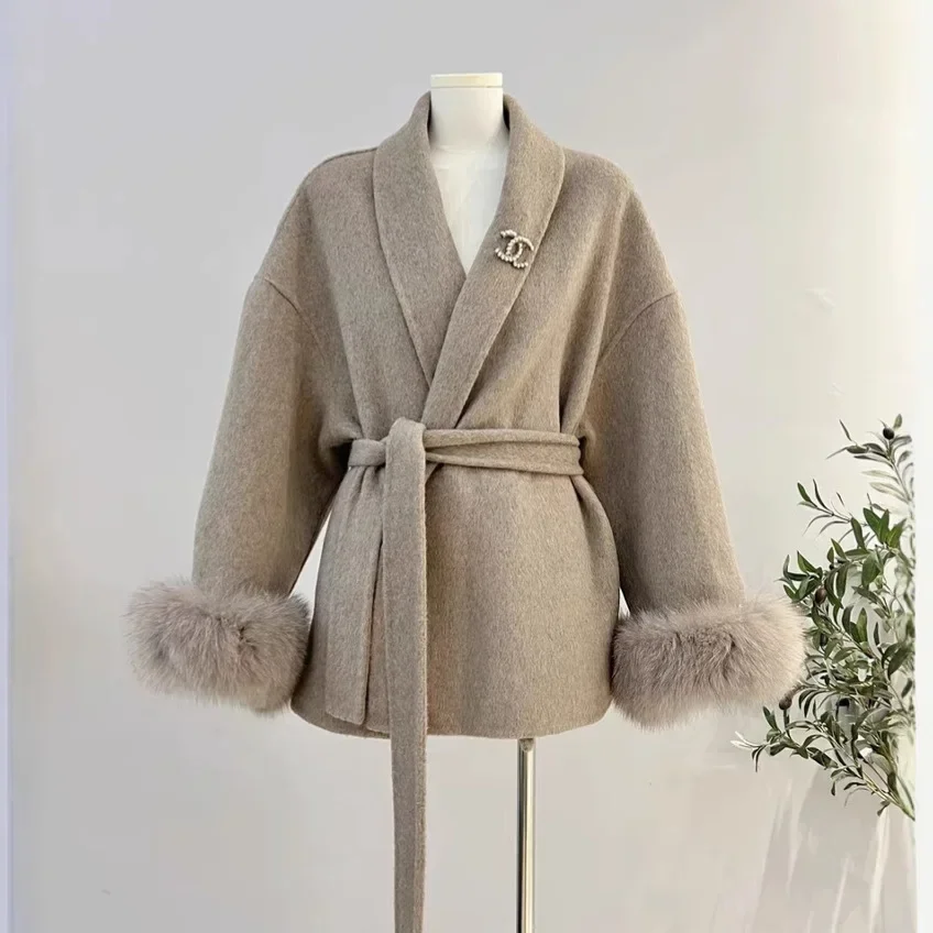 Tossy Fox Fur Wool Overcoat Women's Short Coat Office Lady Elegant Double-sided Woolen Coat 2025 New Cardigan Jackets Loose