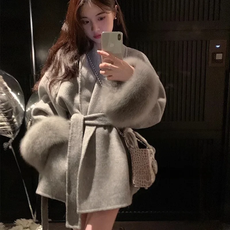 Tossy Fox Fur Wool Overcoat Women's Short Coat Office Lady Elegant Double-sided Woolen Coat 2025 New Cardigan Jackets Loose