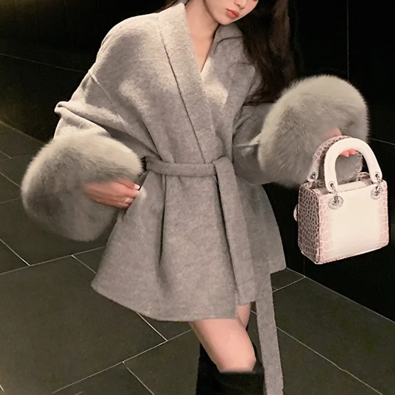 Tossy Fox Fur Wool Overcoat Women's Short Coat Office Lady Elegant Double-sided Woolen Coat 2025 New Cardigan Jackets Loose