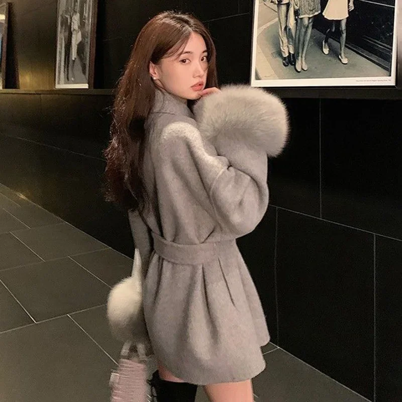 Tossy Fox Fur Wool Overcoat Women's Short Coat Office Lady Elegant Double-sided Woolen Coat 2025 New Cardigan Jackets Loose