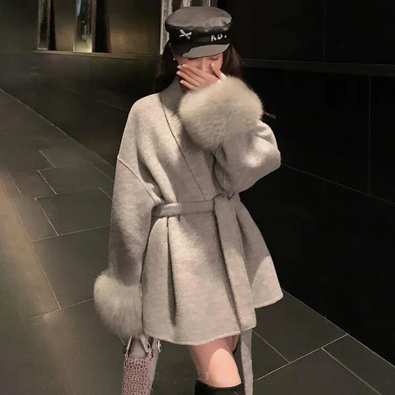 Tossy Fox Fur Wool Overcoat Women's Short Coat Office Lady Elegant Double-sided Woolen Coat 2025 New Cardigan Jackets Loose