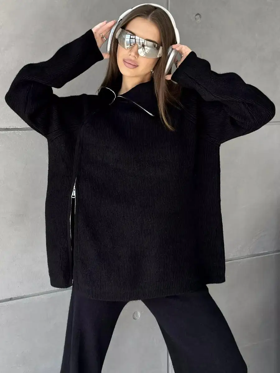 Tossy Knit Zipper Women's Pants Sets For Women Slim Lapel Long Sleeve Pullover And Patchwork Straight Legg 2 Piece-Set Winter