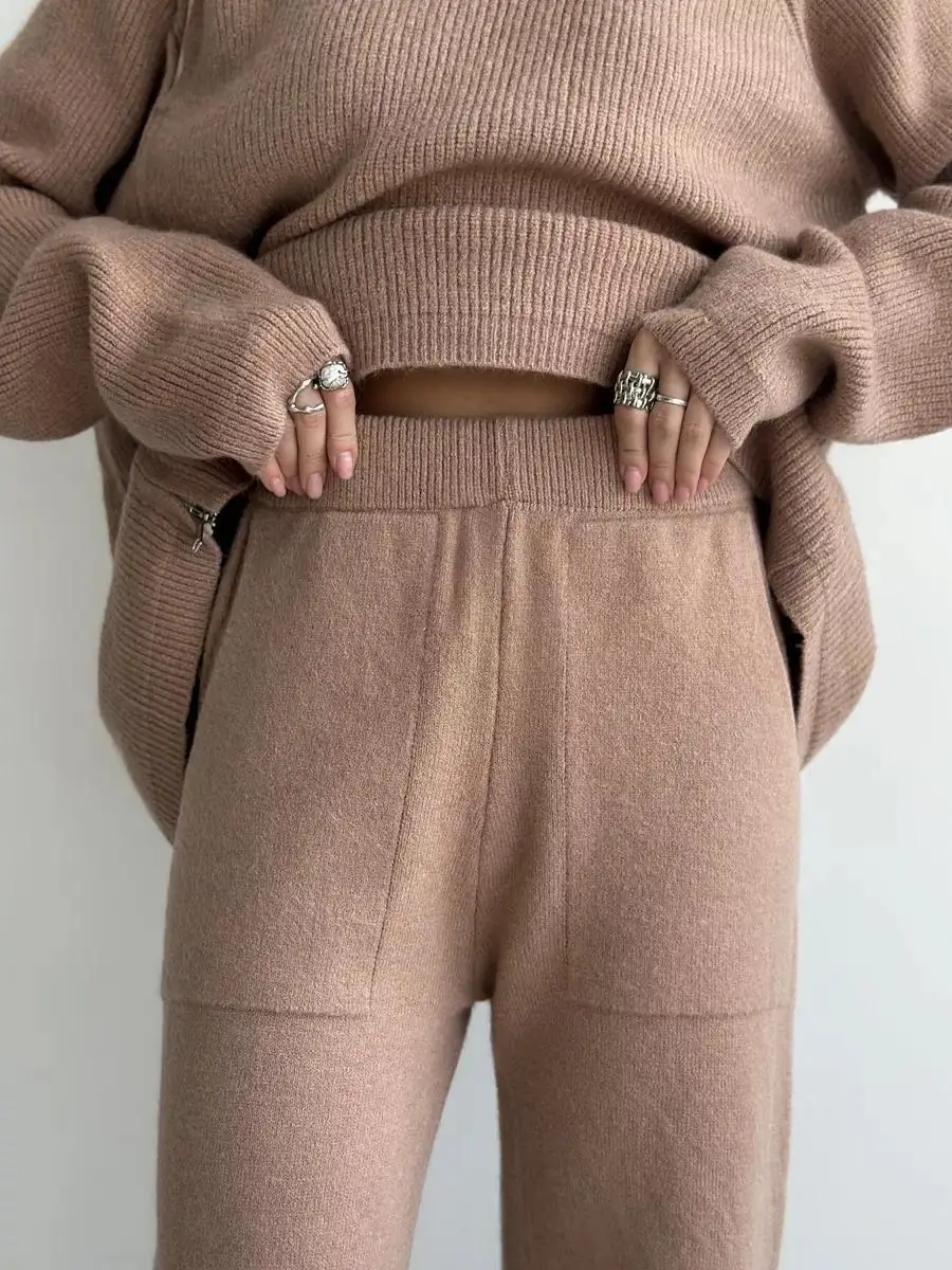 Tossy Knit Zipper Women's Pants Sets For Women Slim Lapel Long Sleeve Pullover And Patchwork Straight Legg 2 Piece-Set Winter