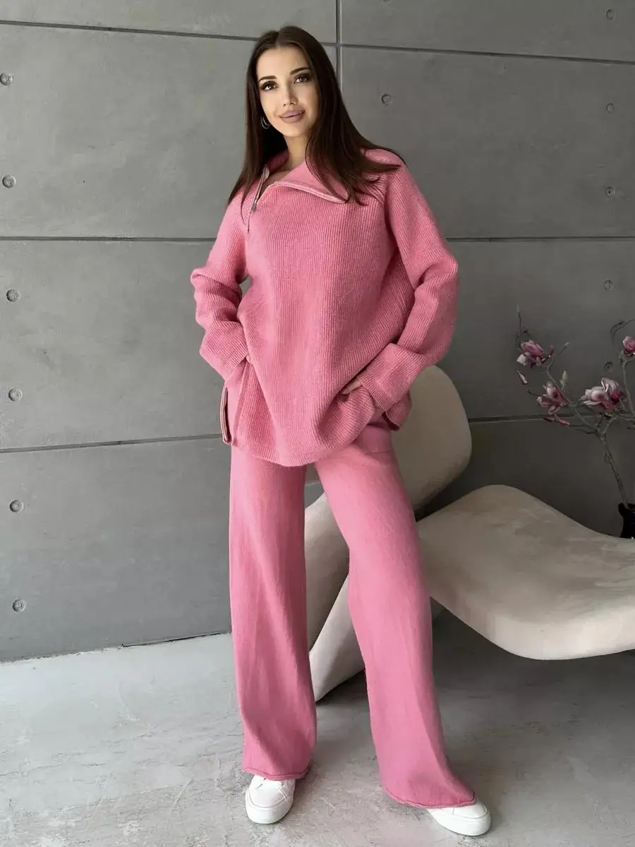 Tossy Knit Zipper Women's Pants Sets For Women Slim Lapel Long Sleeve Pullover And Patchwork Straight Legg 2 Piece-Set Winter