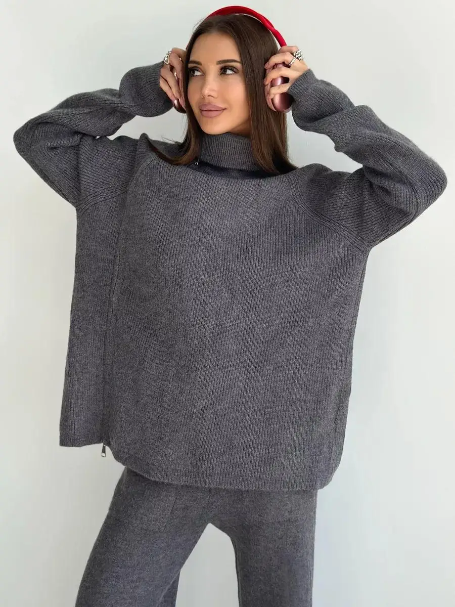 Tossy Knit Zipper Women's Pants Sets For Women Slim Lapel Long Sleeve Pullover And Patchwork Straight Legg 2 Piece-Set Winter