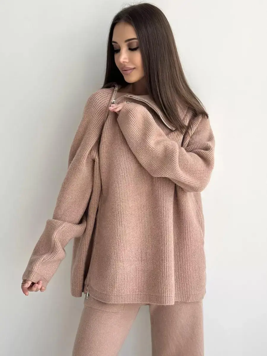 Tossy Knit Zipper Women's Pants Sets For Women Slim Lapel Long Sleeve Pullover And Patchwork Straight Legg 2 Piece-Set Winter