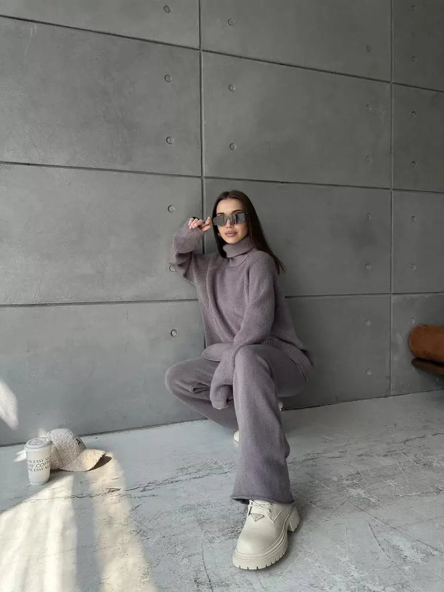 Tossy Knit Zipper Women's Pants Sets For Women Slim Lapel Long Sleeve Pullover And Patchwork Straight Legg 2 Piece-Set Winter