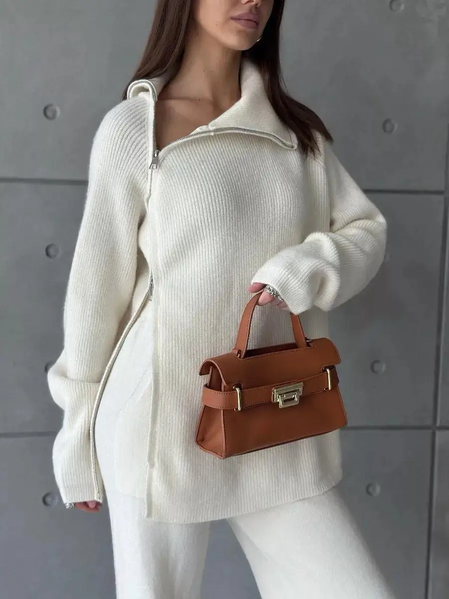 Tossy Knit Zipper Women's Pants Sets For Women Slim Lapel Long Sleeve Pullover And Patchwork Straight Legg 2 Piece-Set Winter