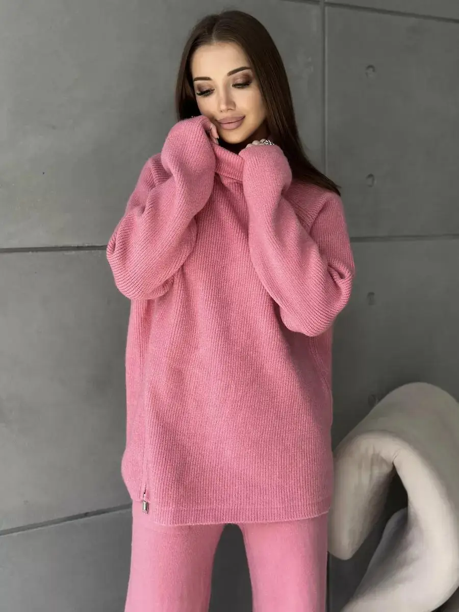 Tossy Knit Zipper Women's Pants Sets For Women Slim Lapel Long Sleeve Pullover And Patchwork Straight Legg 2 Piece-Set Winter