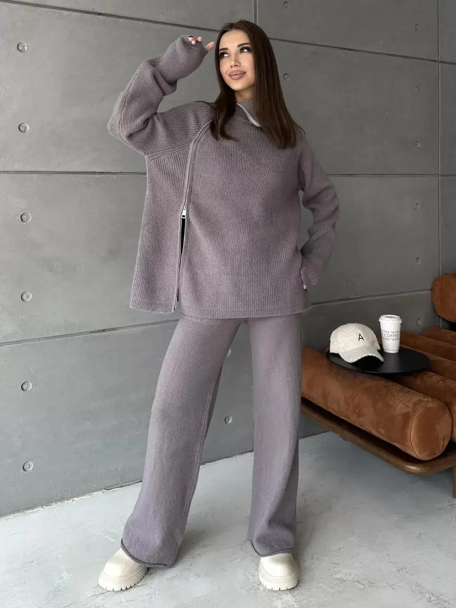 Tossy Knit Zipper Women's Pants Sets For Women Slim Lapel Long Sleeve Pullover And Patchwork Straight Legg 2 Piece-Set Winter
