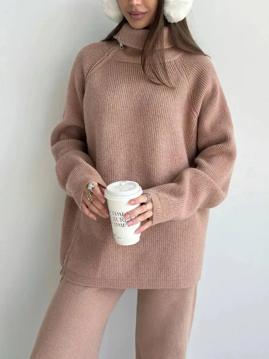 Tossy Knit Zipper Women's Pants Sets For Women Slim Lapel Long Sleeve Pullover And Patchwork Straight Legg 2 Piece-Set Winter