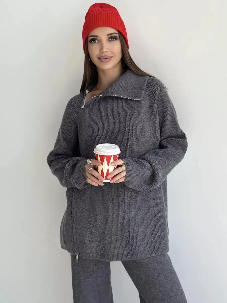 Tossy Knit Zipper Women's Pants Sets For Women Slim Lapel Long Sleeve Pullover And Patchwork Straight Legg 2 Piece-Set Winter