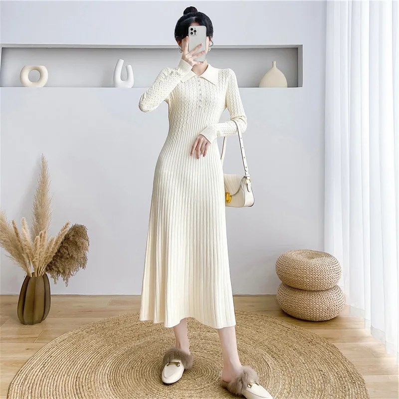 Tossy Ribbed Autumn Knit Long Dress For Women Fashion High Waist Elegant Solid Long Sleeve Dress Lapel Loose Knitwear Maxi Dress