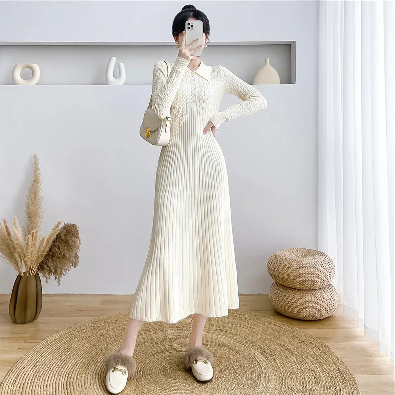Tossy Ribbed Autumn Knit Long Dress For Women Fashion High Waist Elegant Solid Long Sleeve Dress Lapel Loose Knitwear Maxi Dress