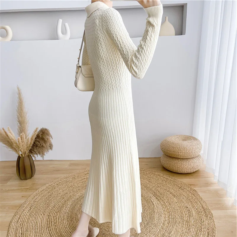 Tossy Ribbed Autumn Knit Long Dress For Women Fashion High Waist Elegant Solid Long Sleeve Dress Lapel Loose Knitwear Maxi Dress
