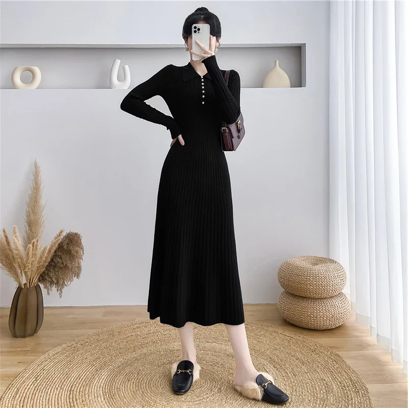 Tossy Ribbed Autumn Knit Long Dress For Women Fashion High Waist Elegant Solid Long Sleeve Dress Lapel Loose Knitwear Maxi Dress