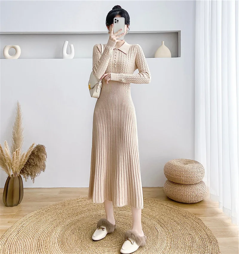 Tossy Ribbed Autumn Knit Long Dress For Women Fashion High Waist Elegant Solid Long Sleeve Dress Lapel Loose Knitwear Maxi Dress