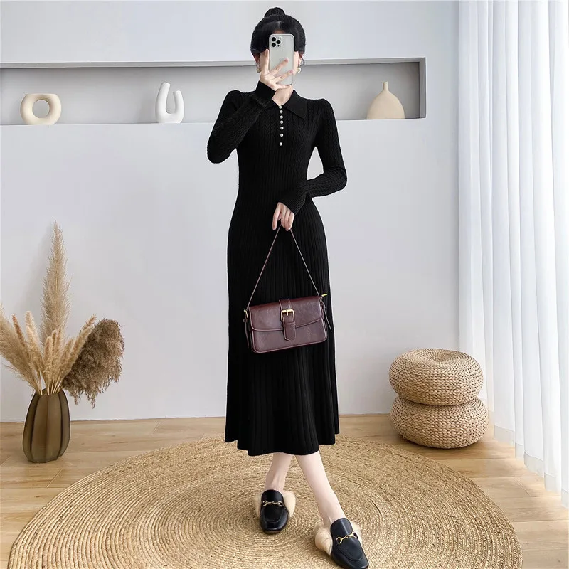 Tossy Ribbed Autumn Knit Long Dress For Women Fashion High Waist Elegant Solid Long Sleeve Dress Lapel Loose Knitwear Maxi Dress