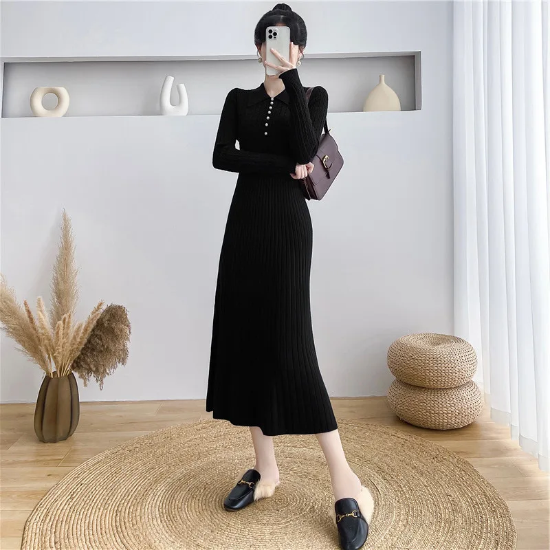 Tossy Ribbed Autumn Knit Long Dress For Women Fashion High Waist Elegant Solid Long Sleeve Dress Lapel Loose Knitwear Maxi Dress