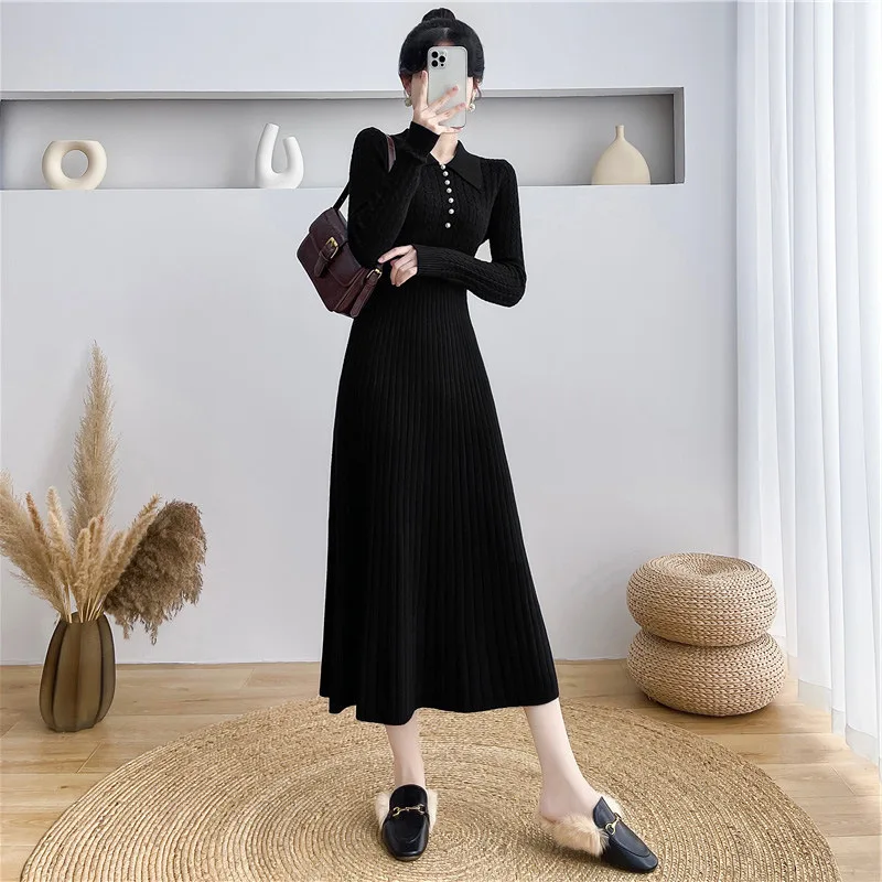 Tossy Ribbed Autumn Knit Long Dress For Women Fashion High Waist Elegant Solid Long Sleeve Dress Lapel Loose Knitwear Maxi Dress