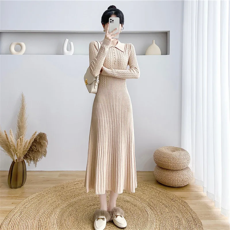 Tossy Ribbed Autumn Knit Long Dress For Women Fashion High Waist Elegant Solid Long Sleeve Dress Lapel Loose Knitwear Maxi Dress
