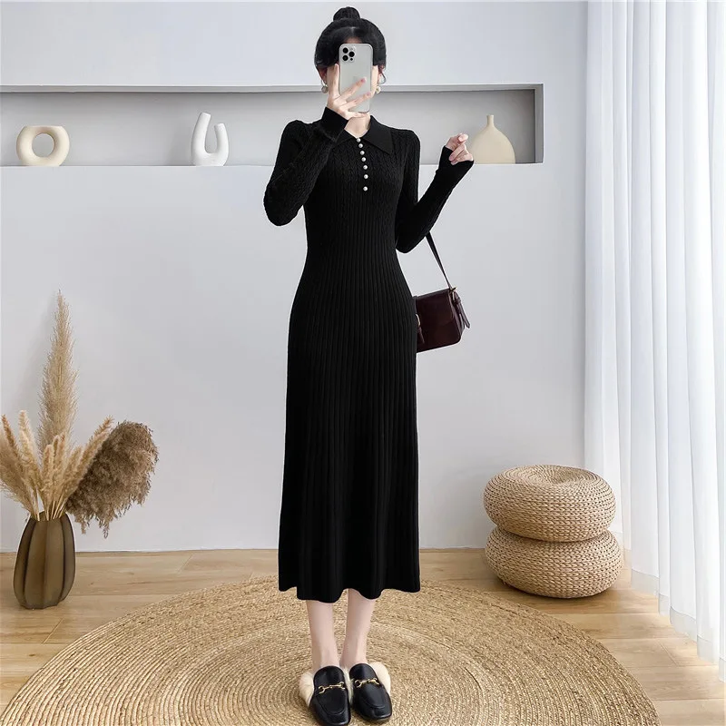 Tossy Ribbed Autumn Knit Long Dress For Women Fashion High Waist Elegant Solid Long Sleeve Dress Lapel Loose Knitwear Maxi Dress