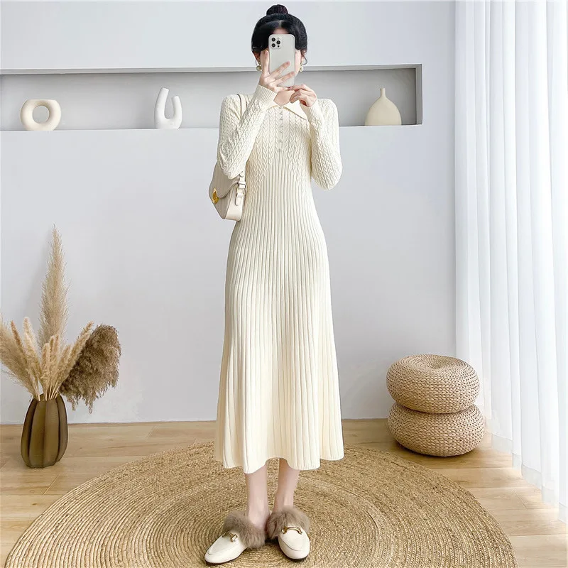 Tossy Ribbed Autumn Knit Long Dress For Women Fashion High Waist Elegant Solid Long Sleeve Dress Lapel Loose Knitwear Maxi Dress