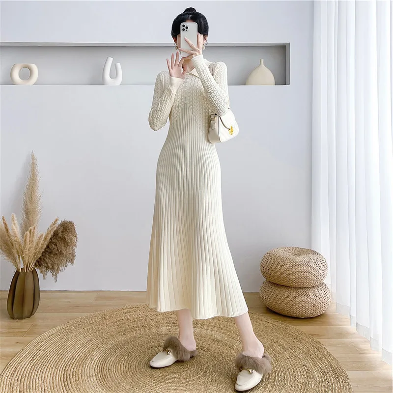 Tossy Ribbed Autumn Knit Long Dress For Women Fashion High Waist Elegant Solid Long Sleeve Dress Lapel Loose Knitwear Maxi Dress