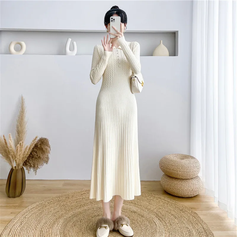 Tossy Ribbed Autumn Knit Long Dress For Women Fashion High Waist Elegant Solid Long Sleeve Dress Lapel Loose Knitwear Maxi Dress