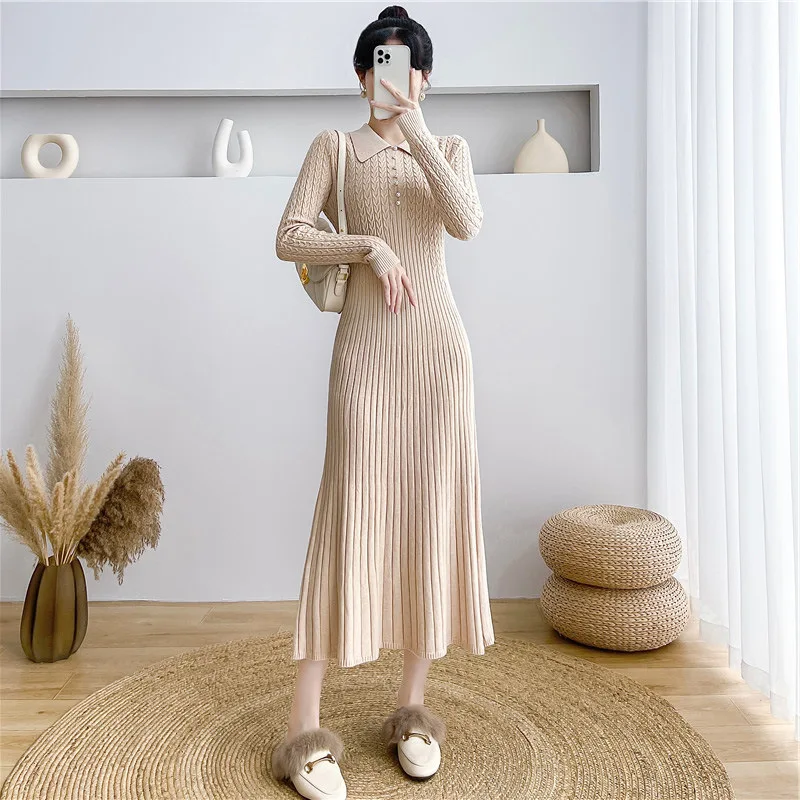 Tossy Ribbed Autumn Knit Long Dress For Women Fashion High Waist Elegant Solid Long Sleeve Dress Lapel Loose Knitwear Maxi Dress