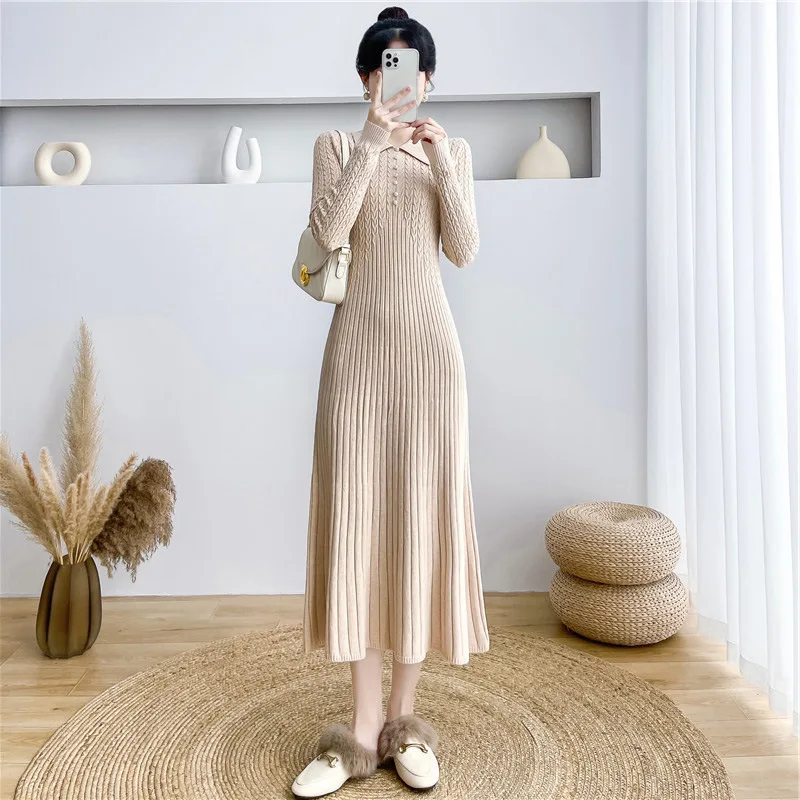 Tossy Ribbed Autumn Knit Long Dress For Women Fashion High Waist Elegant Solid Long Sleeve Dress Lapel Loose Knitwear Maxi Dress