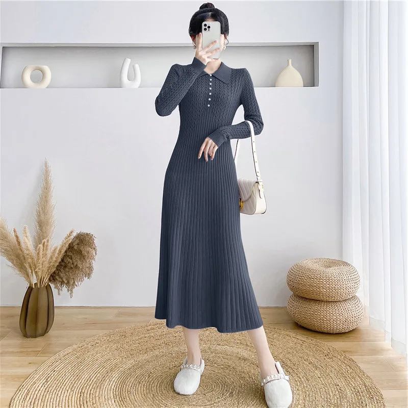 Tossy Ribbed Autumn Knit Long Dress For Women Fashion High Waist Elegant Solid Long Sleeve Dress Lapel Loose Knitwear Maxi Dress