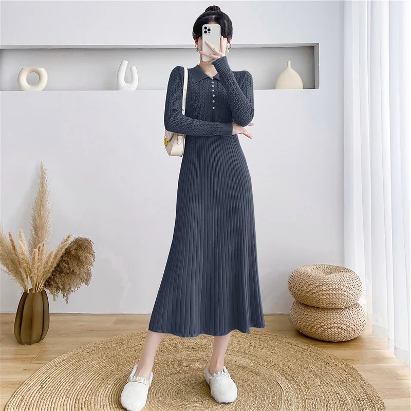 Tossy Ribbed Autumn Knit Long Dress For Women Fashion High Waist Elegant Solid Long Sleeve Dress Lapel Loose Knitwear Maxi Dress