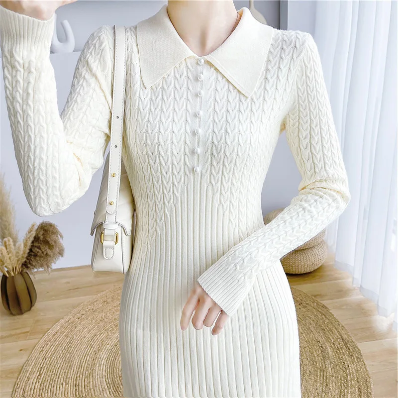 Tossy Ribbed Autumn Knit Long Dress For Women Fashion High Waist Elegant Solid Long Sleeve Dress Lapel Loose Knitwear Maxi Dress
