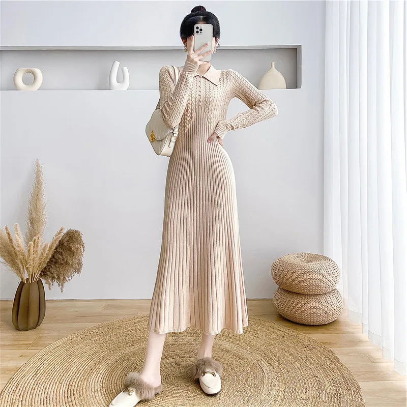 Tossy Ribbed Autumn Knit Long Dress For Women Fashion High Waist Elegant Solid Long Sleeve Dress Lapel Loose Knitwear Maxi Dress